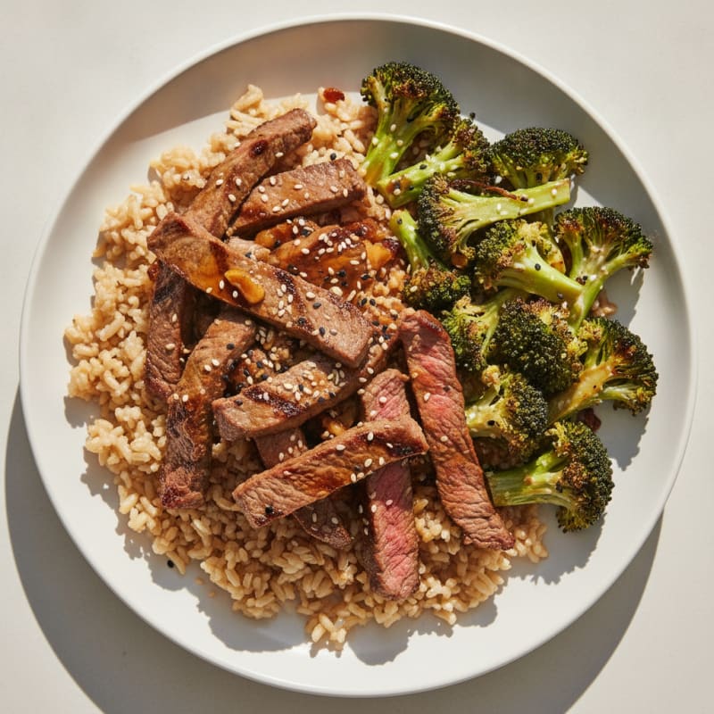 Seared Beef Strips with Roasted Broccoli and Brown Rice