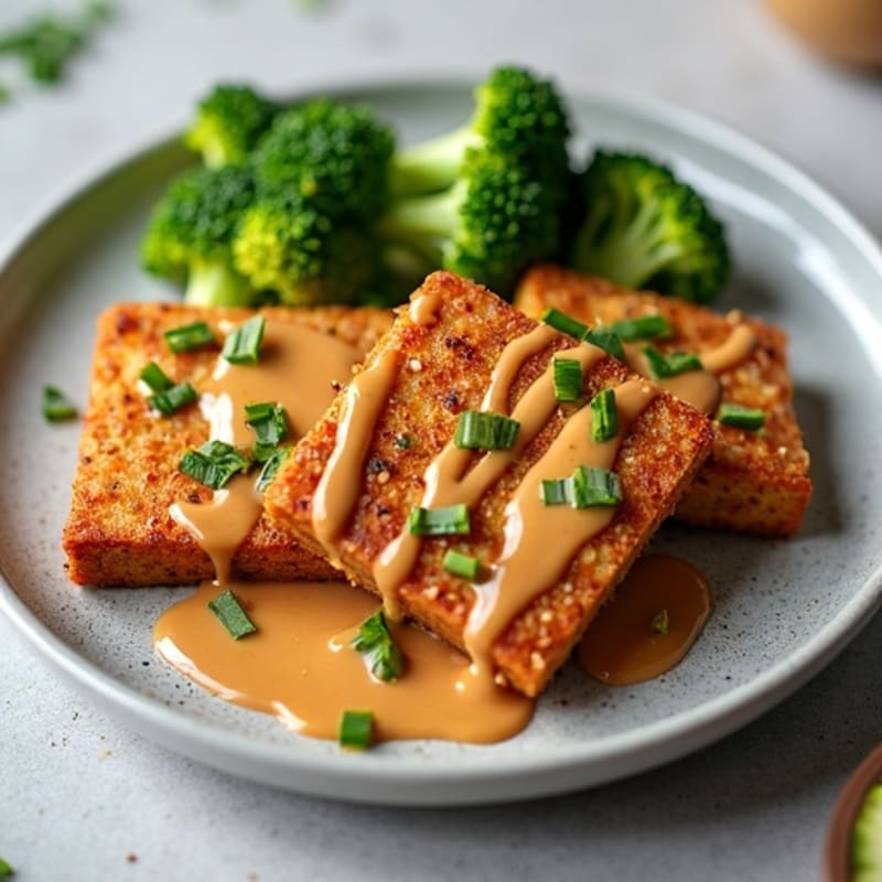 Crispy Baked Tofu with Roasted Broccoli and Peanut Sauce