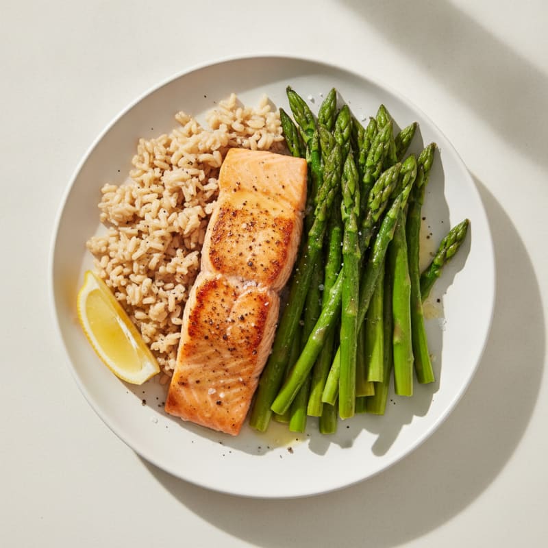 Seared Salmon with Steamed Asparagus and Brown Rice