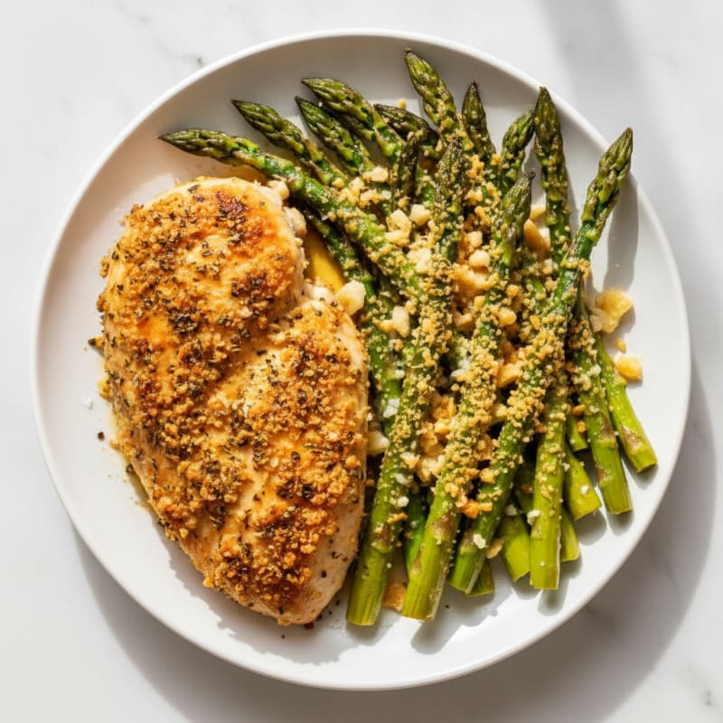 Garlic Parmesan Roasted Asparagus with Herb-Crusted Chicken