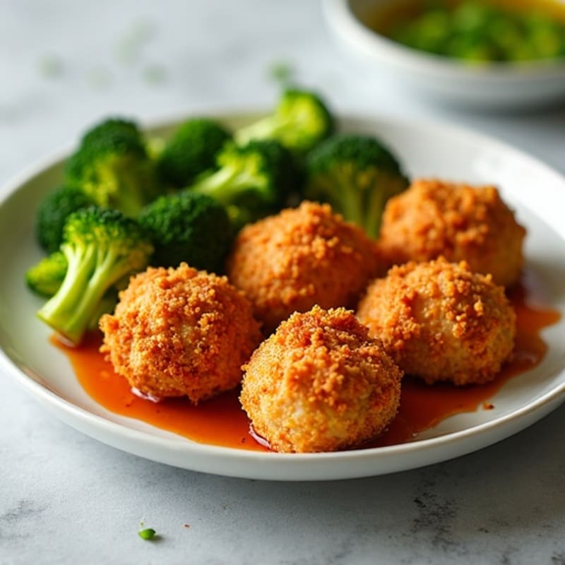 Crispy Baked Chicken Bites with Sweet and Spicy Glaze and Steamed Broccoli