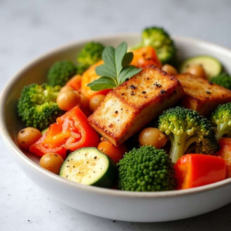 Crispy Baked Tofu Bowl with Roasted Rainbow Vegetables