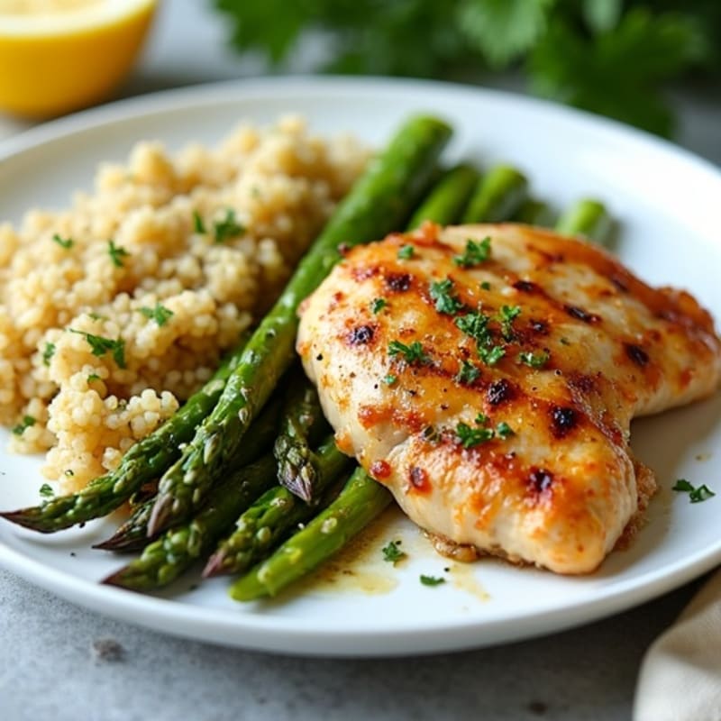 Crispy Lemon-Herb Roasted Chicken with Roasted Asparagus and Quinoa