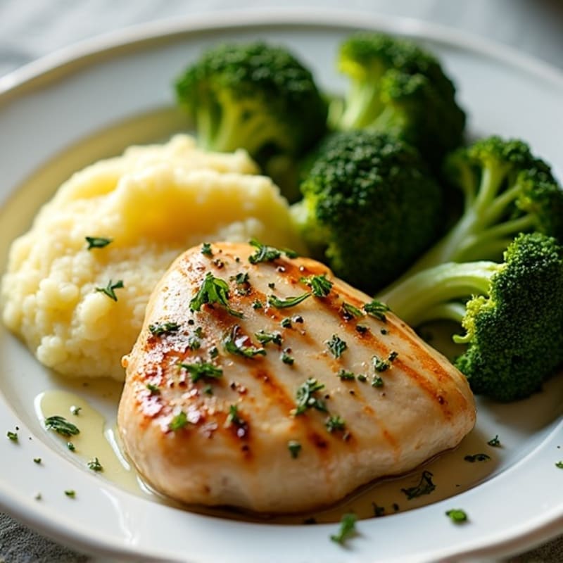 Herb-Roasted Chicken with Buttery Garlic Mashed Potatoes and Crispy Roasted Broccoli