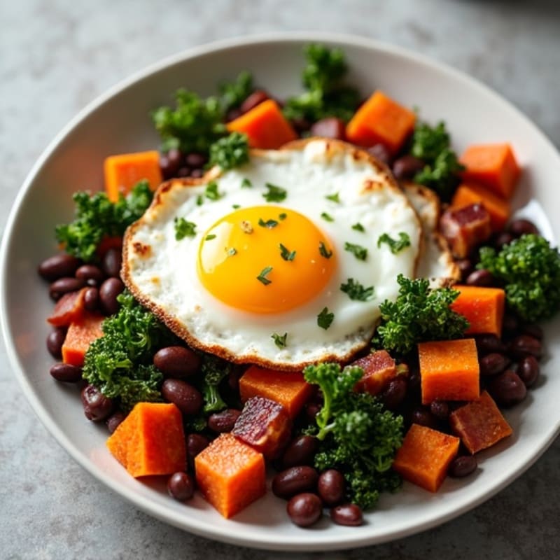 Crispy Sweet Potato and Kale Hash with Sunny-Side Up Eggs
