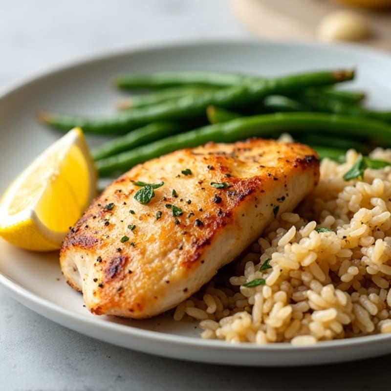 Lemon Garlic Pan-Seared Chicken with Fluffy Brown Rice and Roasted Green Beans