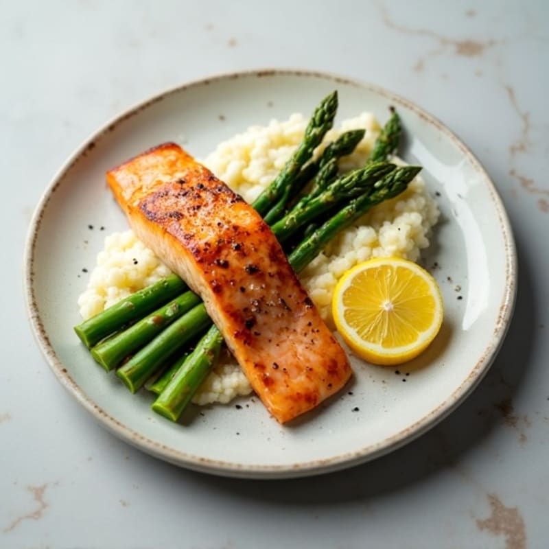 Seared Salmon with Steamed Asparagus and Cauliflower Mash