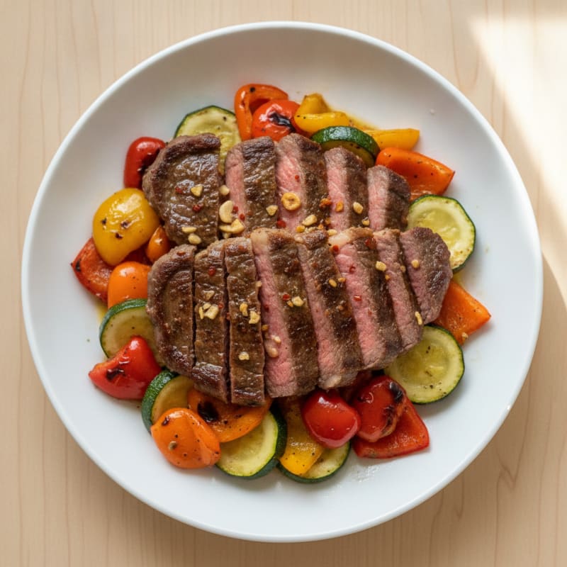 Seared Garlic Steak with Roasted Sweet Peppers and Zucchini