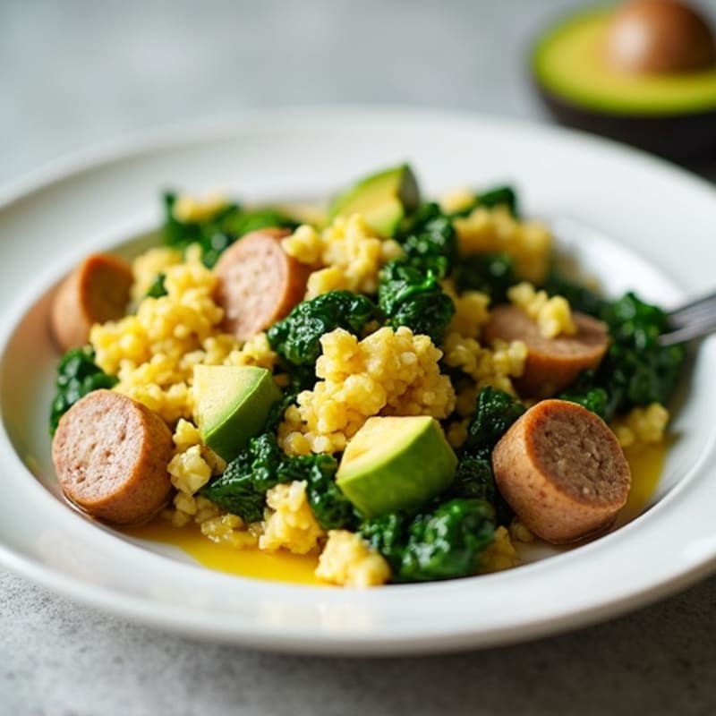 Egg White and Turkey Sausage Scramble with Sautéed Spinach