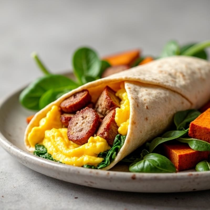 Lean Turkey Sausage and Fluffy Egg Burrito with Roasted Sweet Potatoes and Spinach