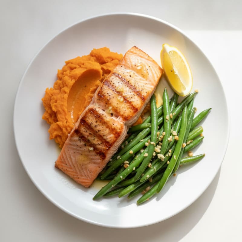 Seared Salmon with Garlic Green Beans and Sweet Potato Mash
