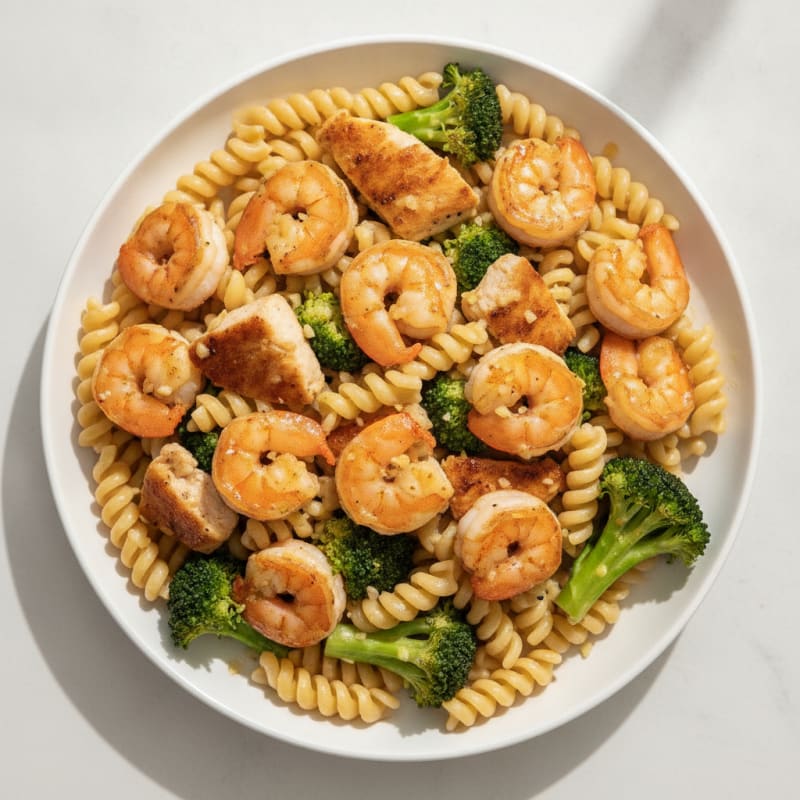 Seared Shrimp and Chicken Pasta with Steamed Broccoli