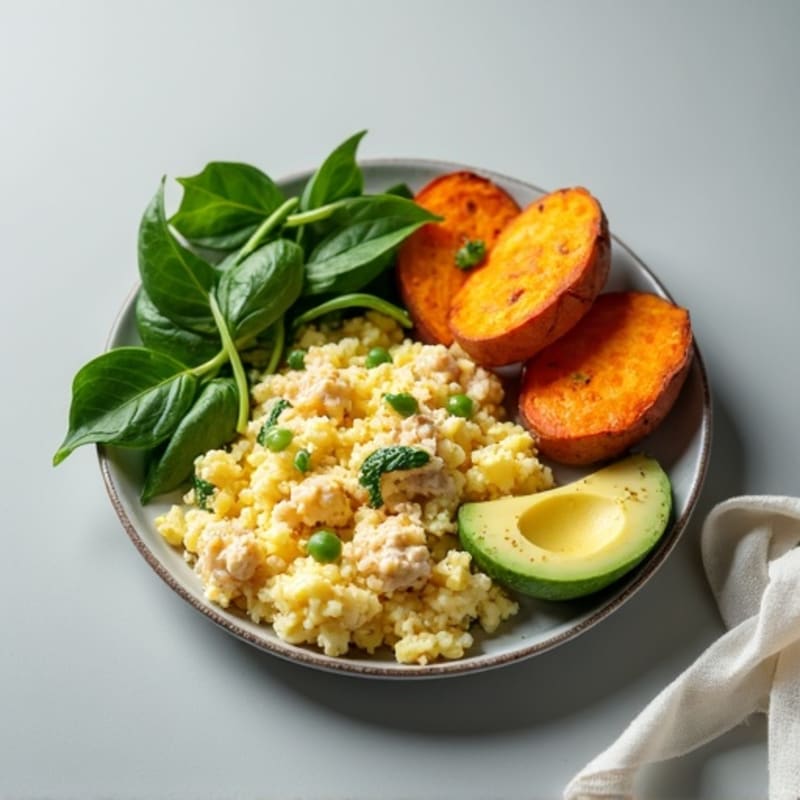 Egg White and Turkey Spinach Scramble with Roasted Sweet Potato