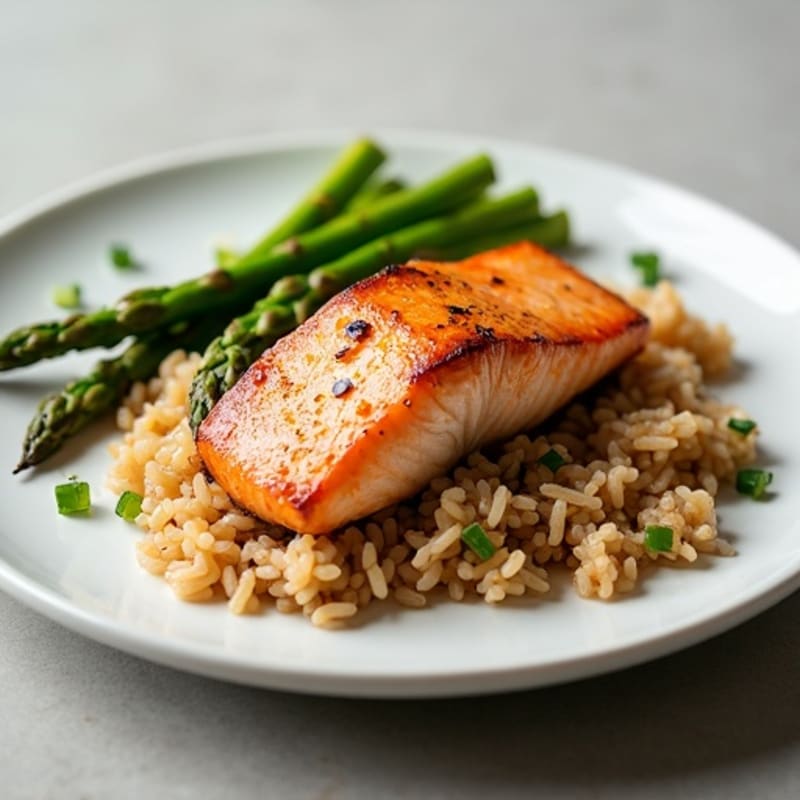 Seared Salmon Fillet with Steamed Asparagus and Brown Rice