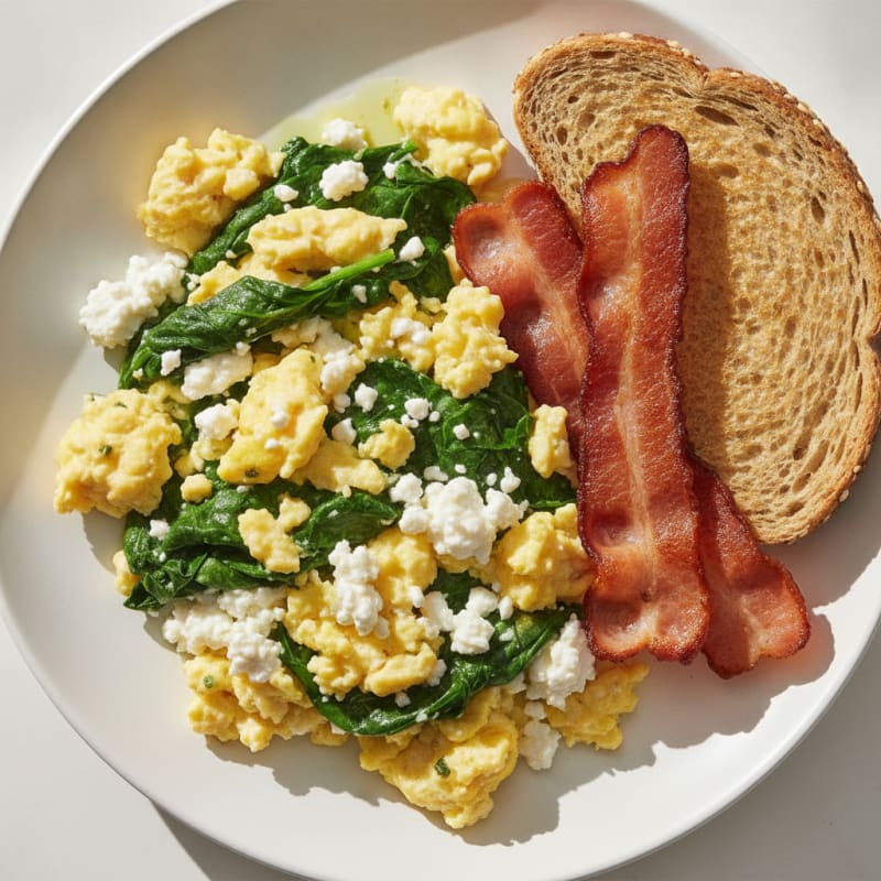Cottage Cheese Egg Scramble with Spinach and Turkey Bacon