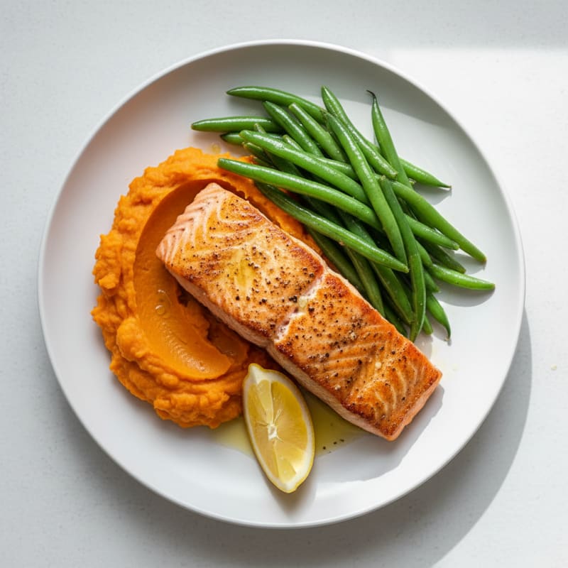 Seared Salmon Fillet with Steamed Green Beans and Mashed Sweet Potato