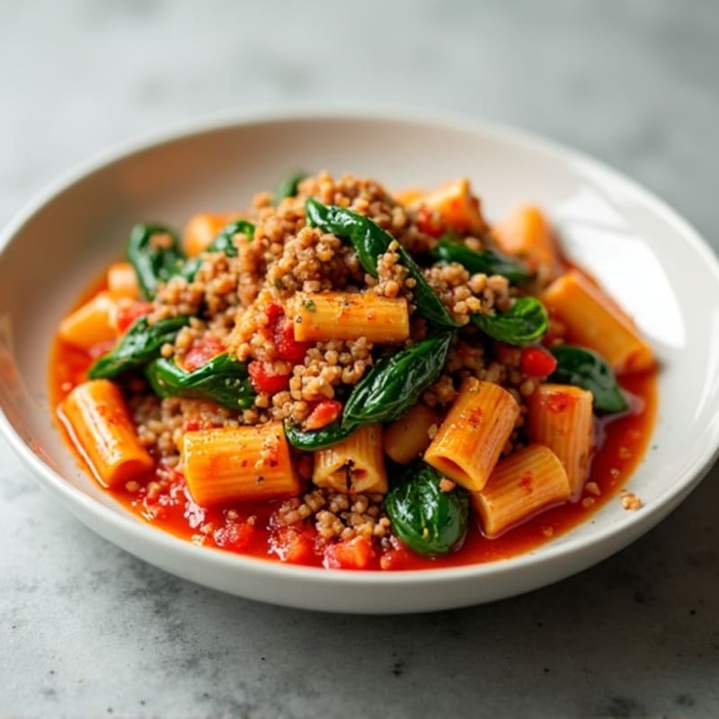 Hearty Ground Turkey and Spinach Pasta with Zesty Tomato Sauce