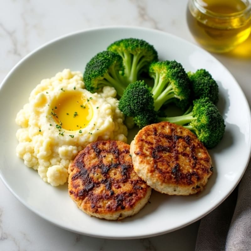 Seared Turkey Patties with Steamed Broccoli and Garlic Mashed Cauliflower