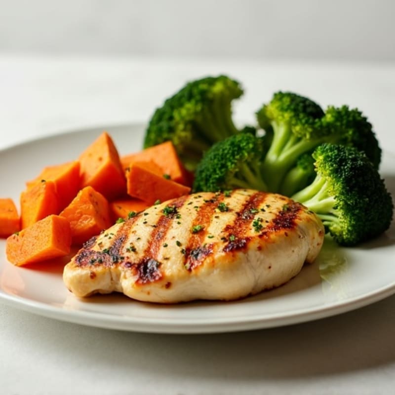 Grilled Chicken Breast with Roasted Sweet Potatoes and Steamed Broccoli