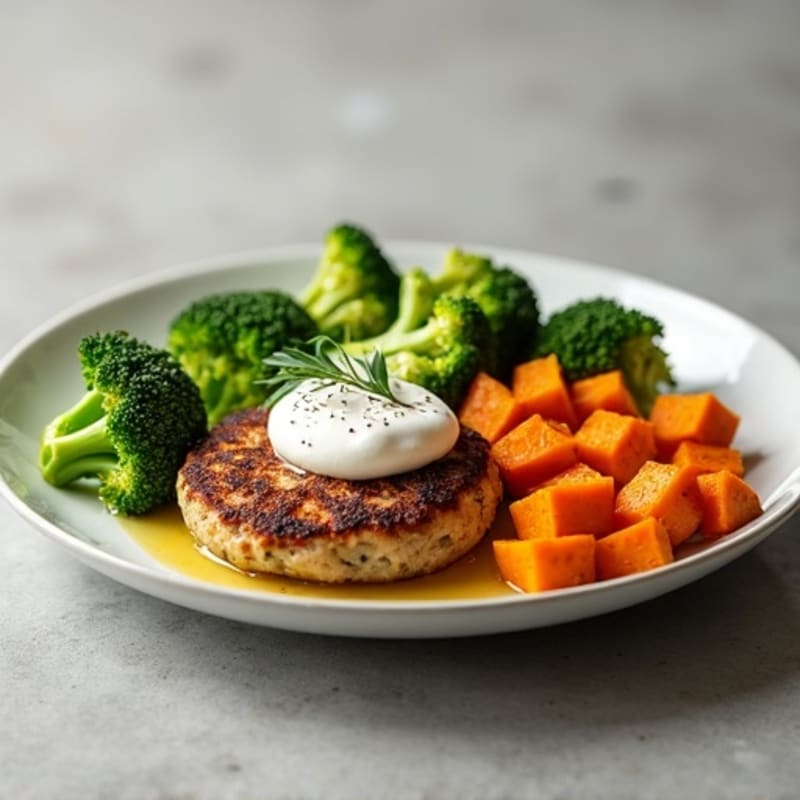 Seared Turkey Patties with Roasted Broccoli and Sweet Potato