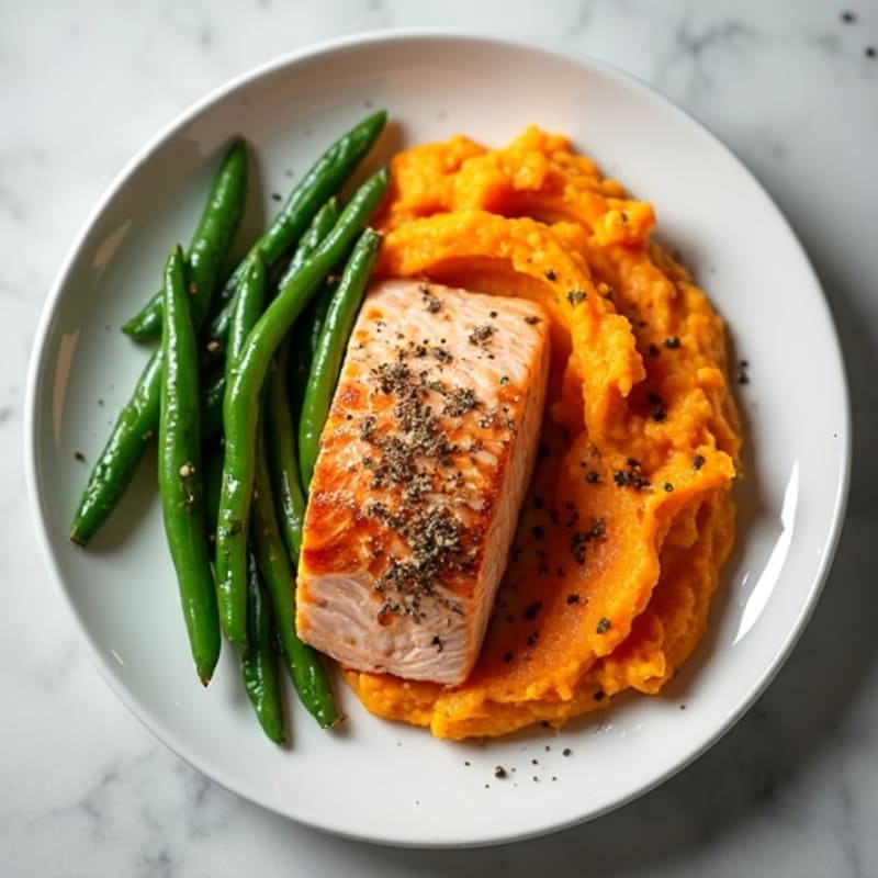 Seared Salmon with Steamed Green Beans and Sweet Potato Mash
