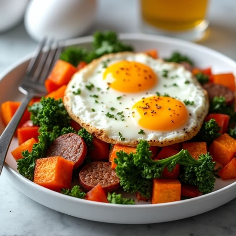 Crispy Sweet Potato and Kale Hash with Baked Eggs
