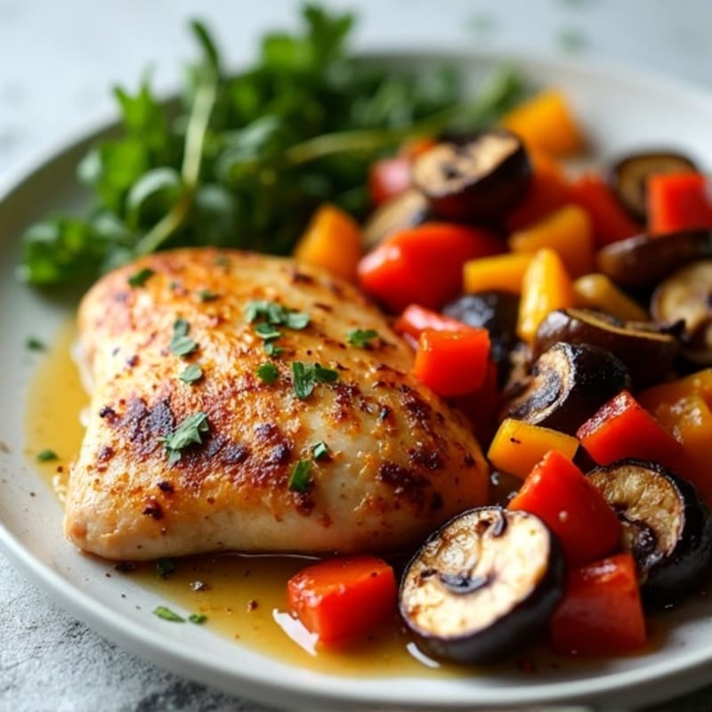 Sheet Pan Chicken with Roasted Peppers, Mushrooms, and Eggplant