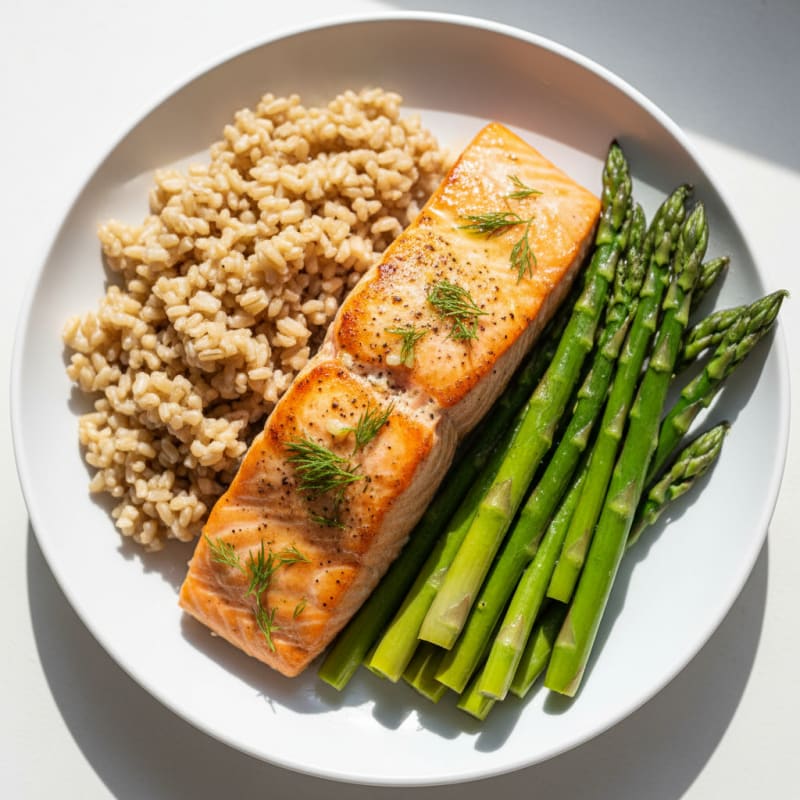 Seared Salmon with Steamed Asparagus and Brown Rice