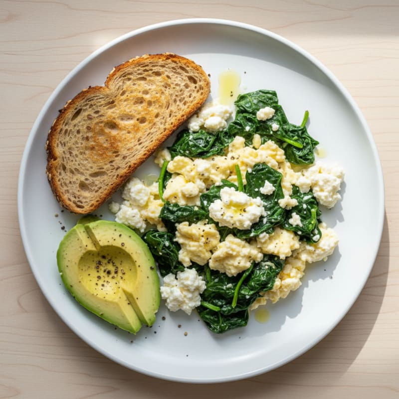Egg White Scramble with Cottage Cheese and Sautéed Spinach