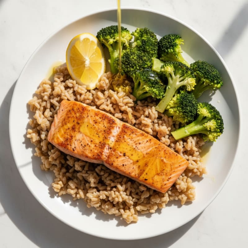 Seared Salmon with Steamed Broccoli and Brown Rice