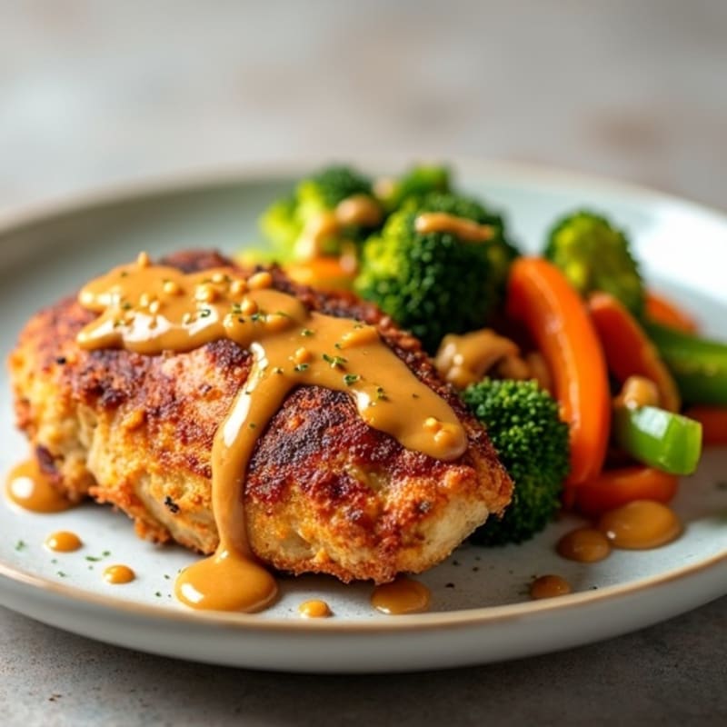 Crispy Chicken with Crunchy Peanut Sauce and Fresh Stir-Fry Vegetables