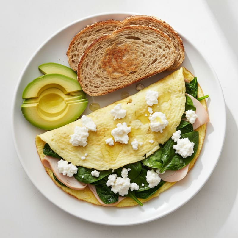 Egg White Spinach Omelette with Cottage Cheese and Sliced Turkey