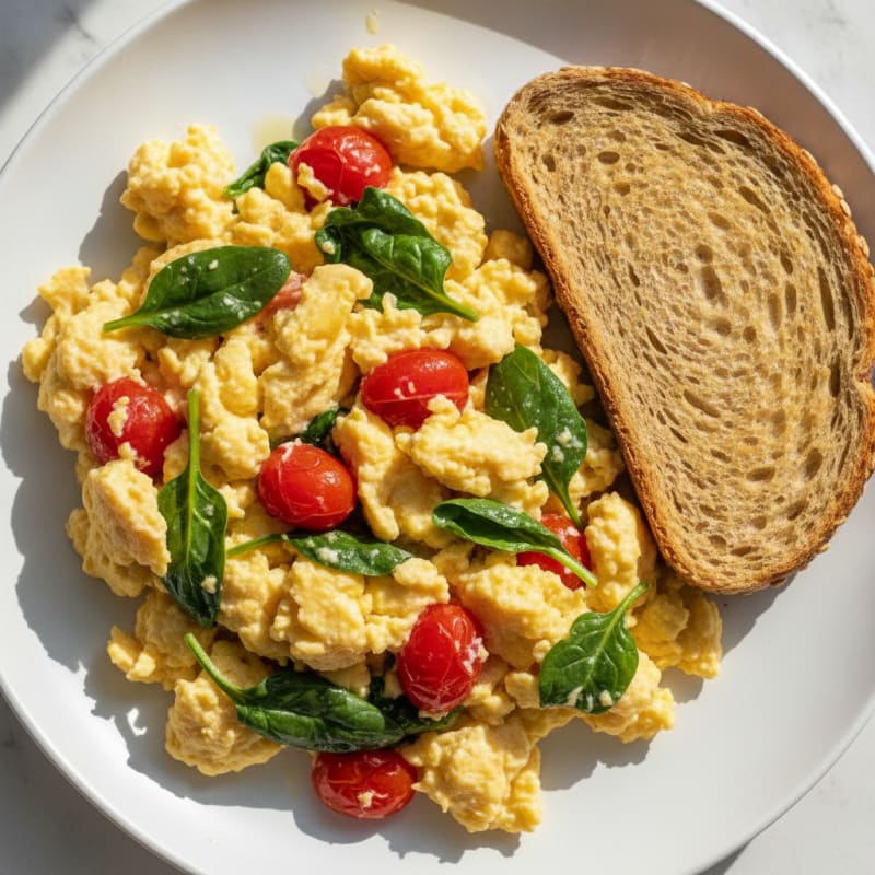 Fluffy Tomato Egg Scramble with Sautéed Spinach