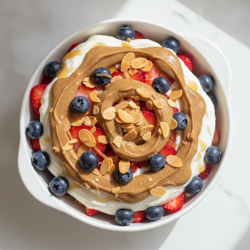 Vanilla Protein Greek Yogurt Parfait with Almond Butter and Berries