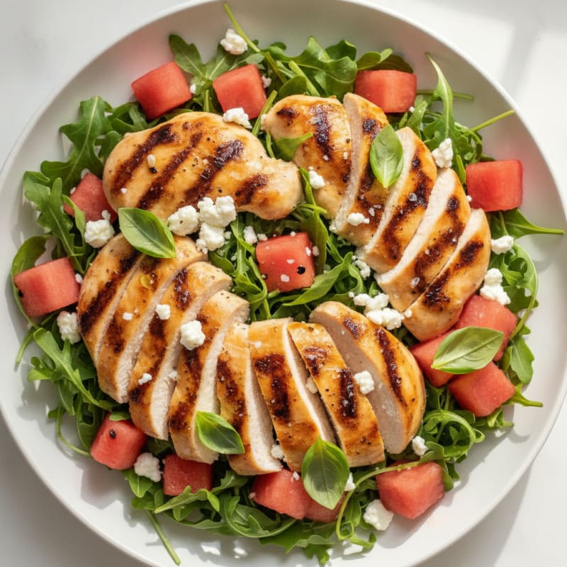 Watermelon Feta Salad with Grilled Chicken and Basil