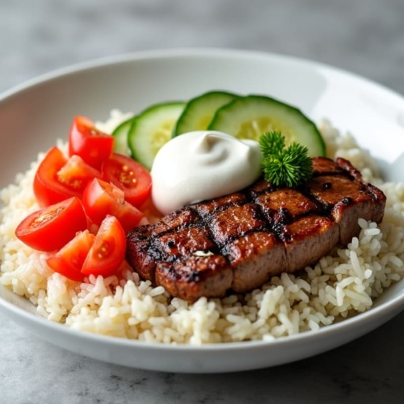 Grilled Steak and Tomato Rice Bowl with Cucumber and Sour Cream