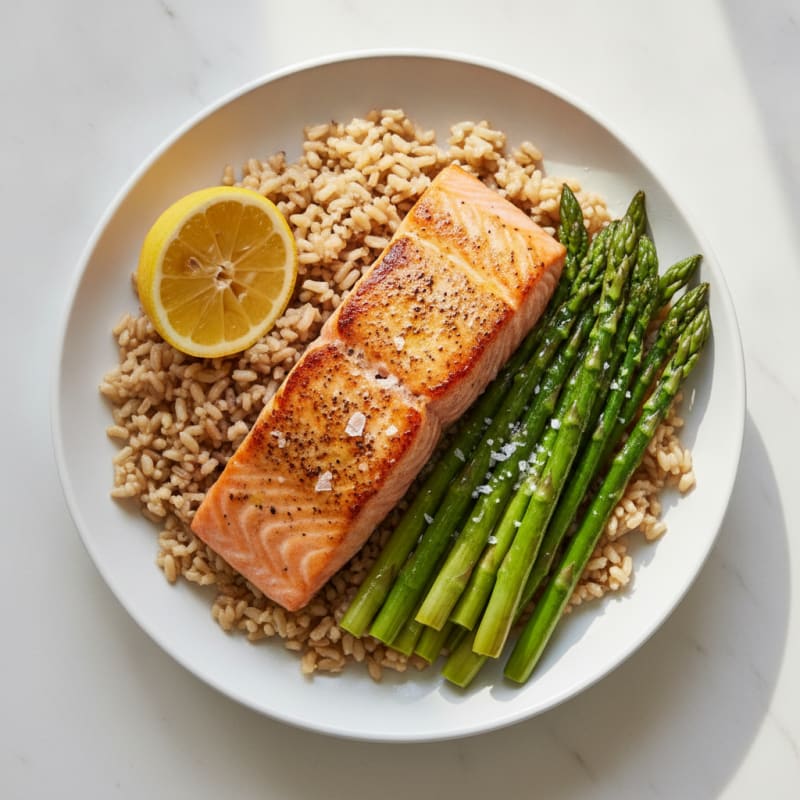 Seared Salmon with Steamed Asparagus and Brown Rice