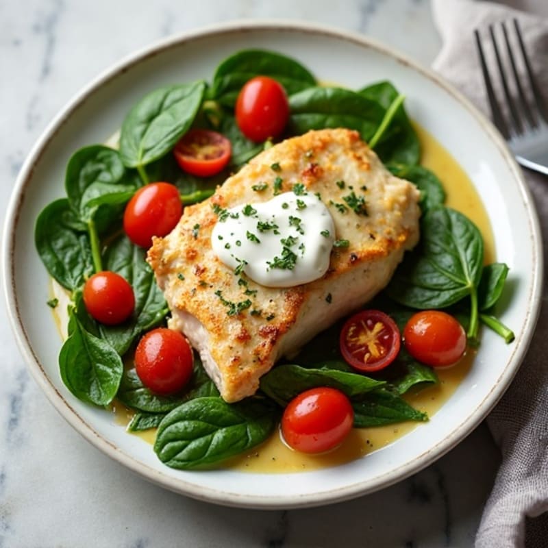 Creamy Garlic Herb Chicken with Roasted Cherry Tomatoes and Spinach