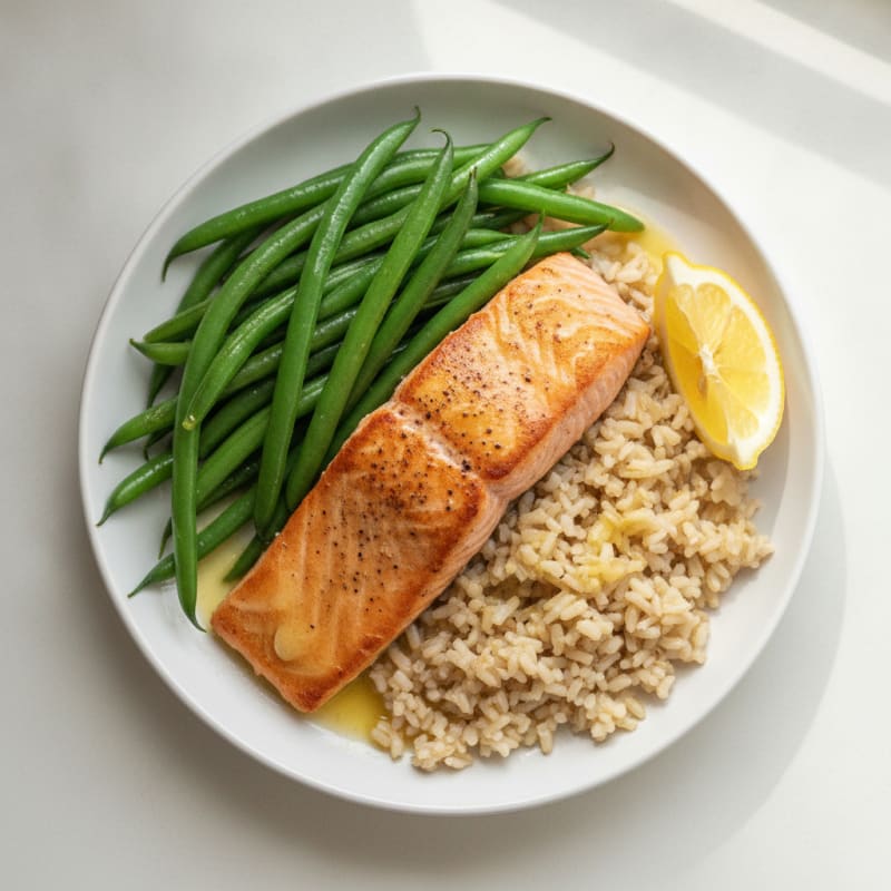 Seared Salmon with Steamed Green Beans and Brown Rice
