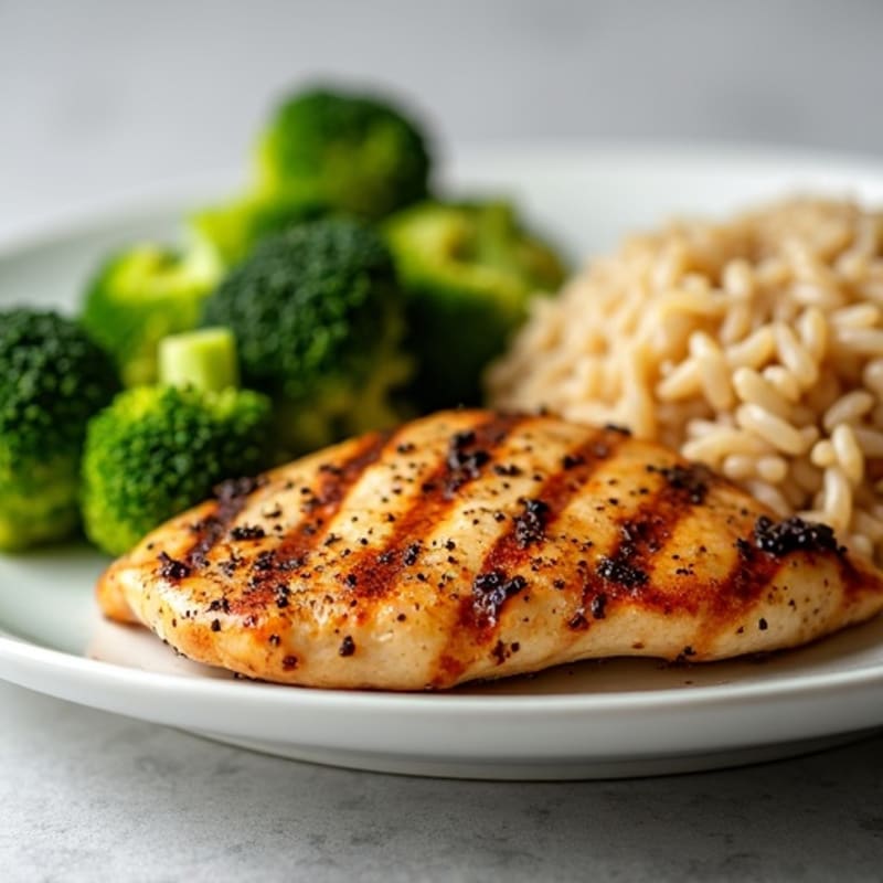 Grilled Lemon Pepper Chicken Breast with Steamed Broccoli and Brown Rice