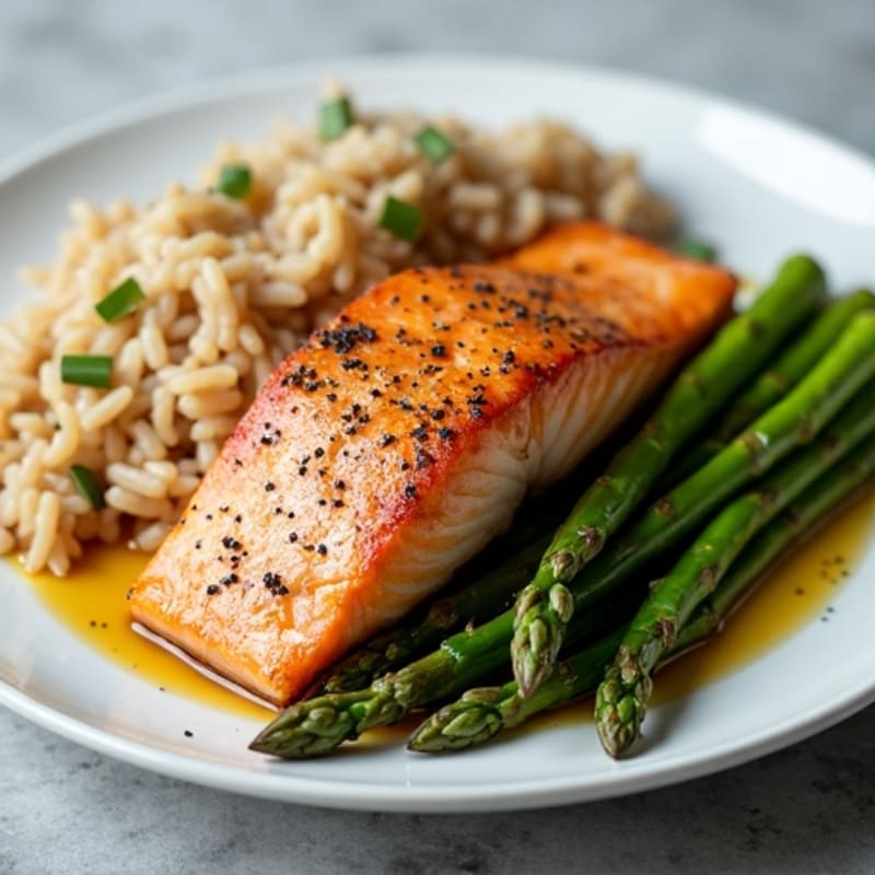 Seared Salmon with Steamed Asparagus and Brown Rice