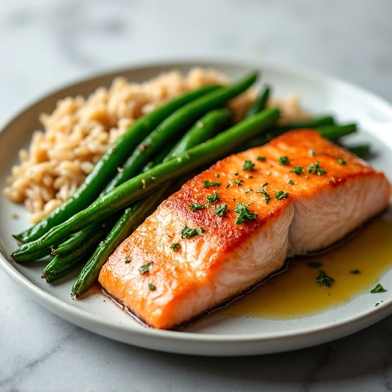 Seared Salmon with Garlic Green Beans and Brown Rice