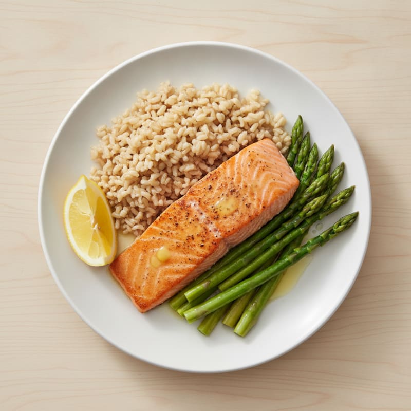 Seared Salmon Fillet with Steamed Asparagus and Brown Rice