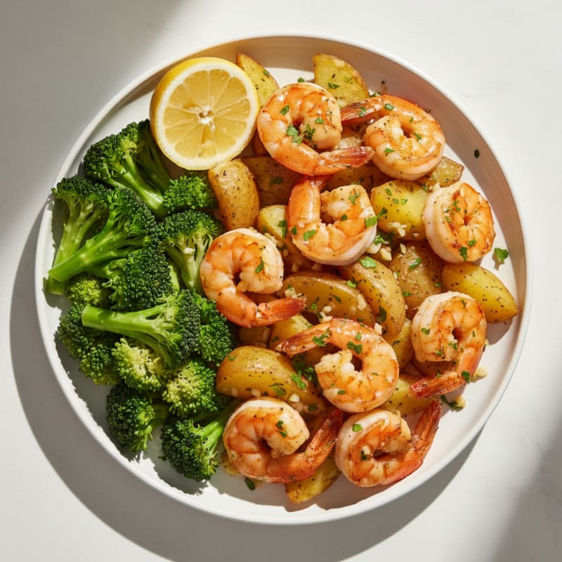 Pan-Seared Shrimp with Garlic Herb Potatoes and Steamed Broccoli