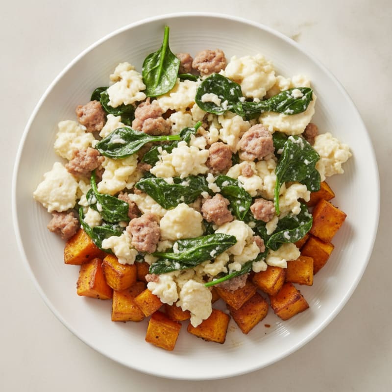 Egg White and Turkey Sausage Scramble with Spinach and Roasted Sweet Potato