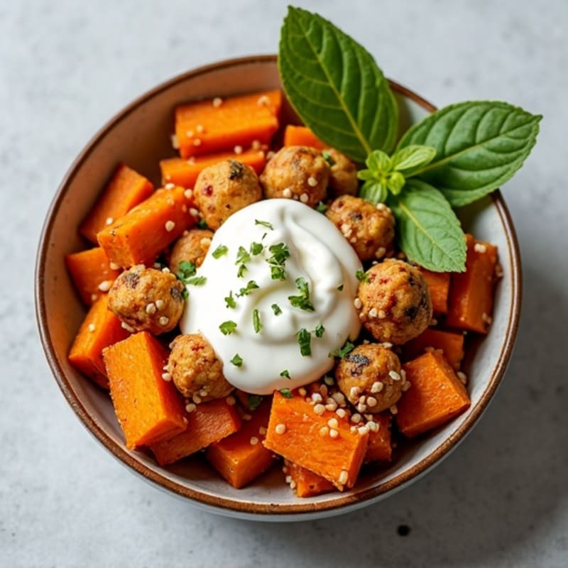 Herb-Roasted Sweet Potato with Greek Yogurt and Crispy Chickpeas