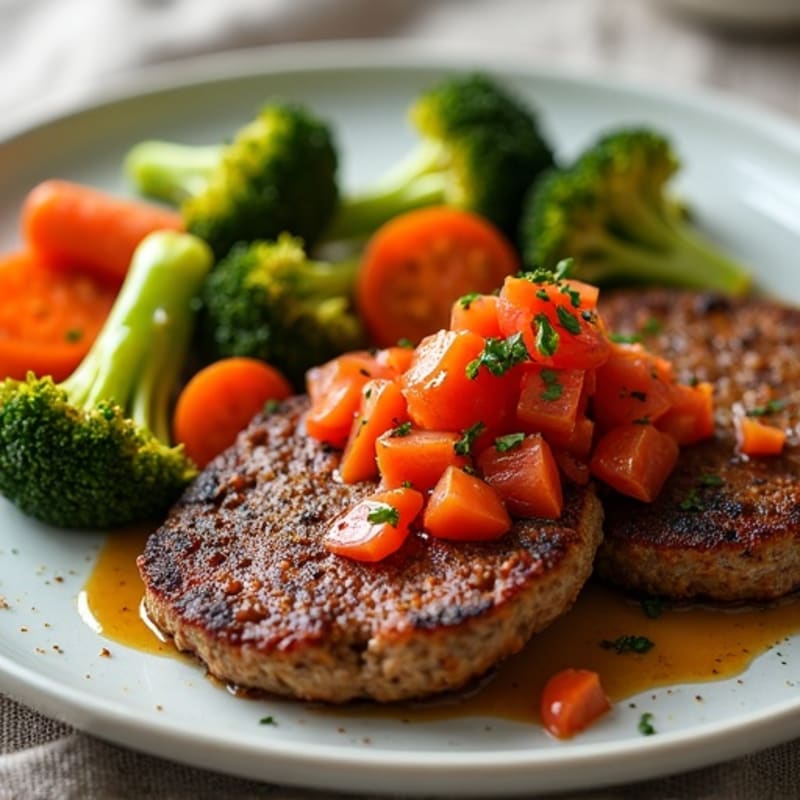 Lean Beef Cutlets with Roasted Broccoli and Carrots, and Spicy Garlic Tomato-Jalapeño Salsa