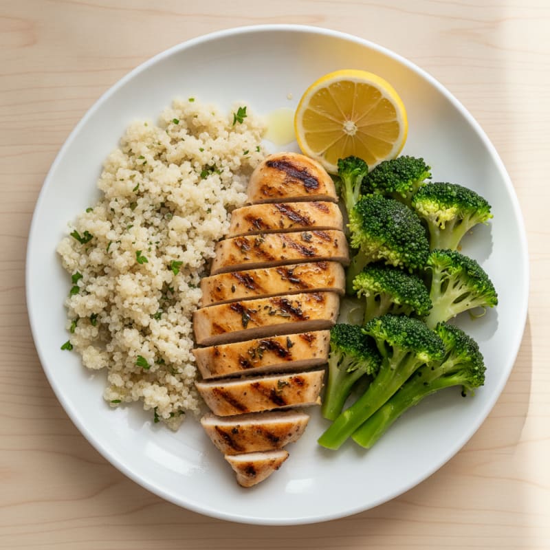 Grilled Chicken Breast with Steamed Broccoli and Quinoa