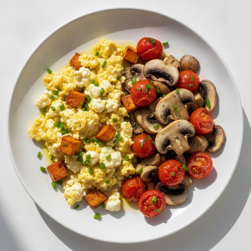 Egg and Cottage Cheese Scramble with Sautéed Mushrooms and Tomatoes
