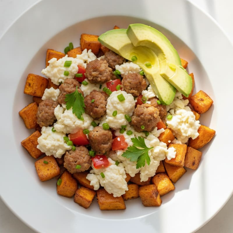 Egg White and Turkey Sausage Scramble with Roasted Sweet Potatoes